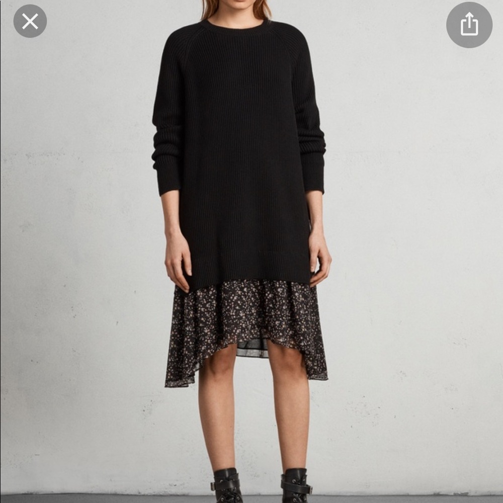All saints size medium black raglan sleeve sweater dress with lined chiffon hem